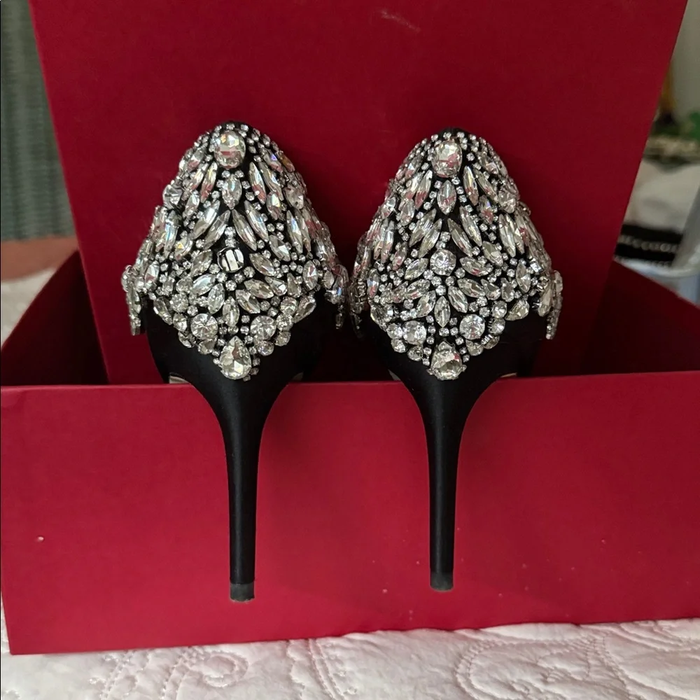 Badgley Mischka Black Satin Embellished Heels - Picture 3 of 4
